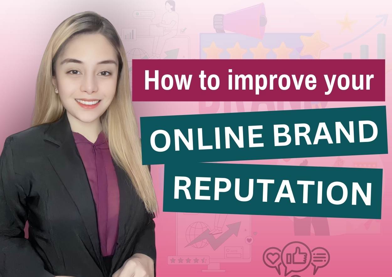 Businesswoman presenting tips on brand reputation improvement.